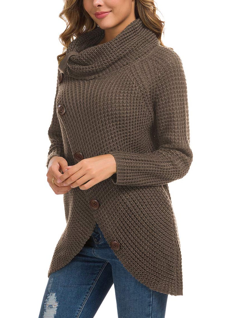 GRECERELLE Women's Fall Chunky Turtleneck Long Sleeve Asymmetric Hem Loose Knit Pullover Sweaters Tops, Dark Khaki, S - Image 3